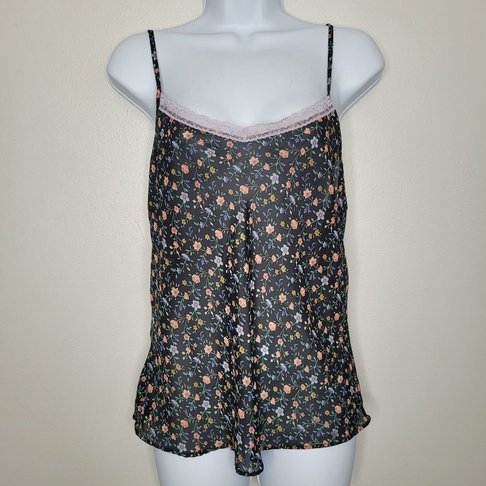 Y2k Secret Treasures semi-sheer cottage black floral lace trim cute tank size M